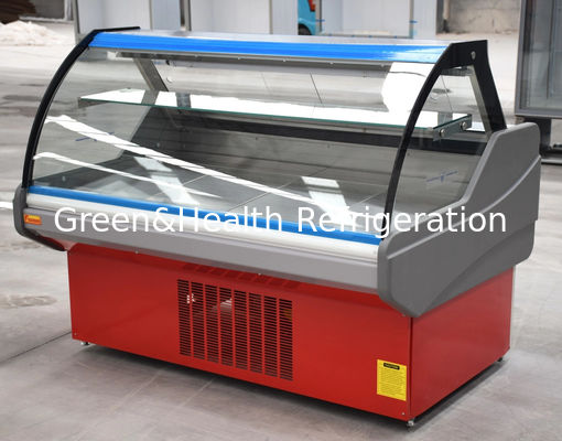 زجاج منحني للوجبات اللحوم المثبتة الثلاجة الحمراء لحوم الخدمة